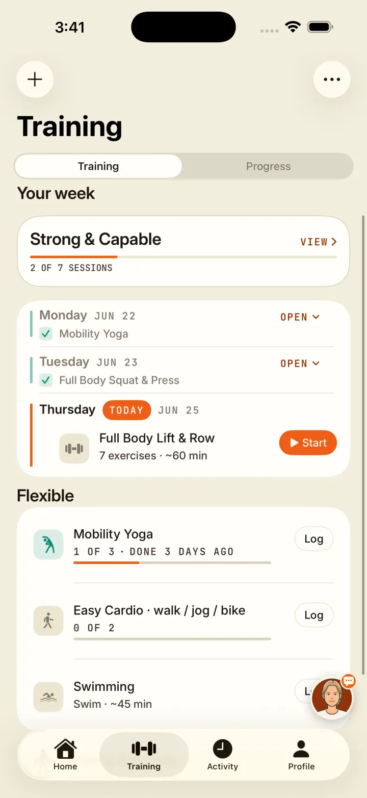 A sustainable weekly plan of strength, easy cardio, and mobility