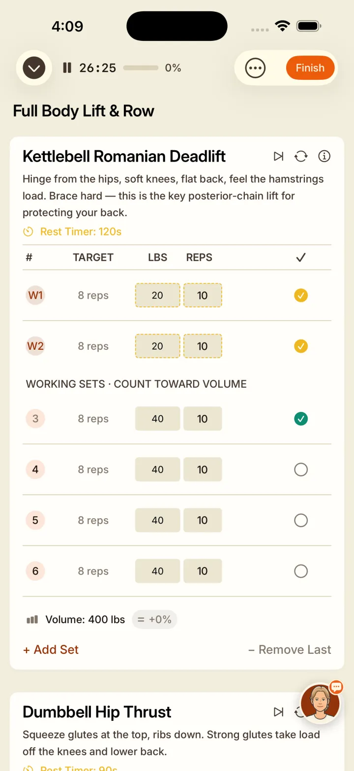 Logging sets, reps, and weight during a workout