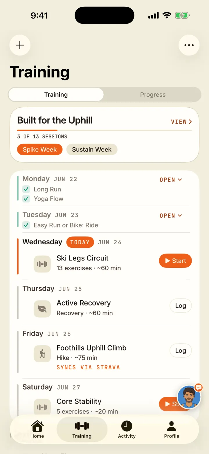 A weekly training plan spanning strength work, running, and other activities